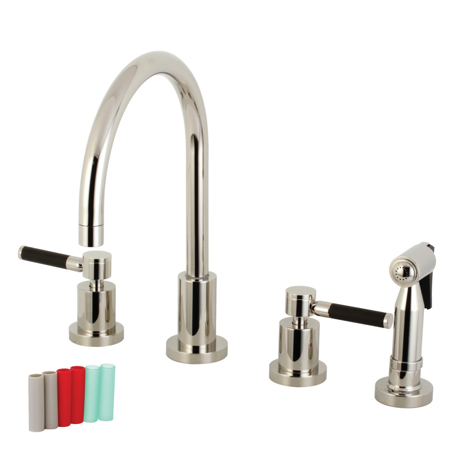 Kingston Sona KS8726DKLBS - Kaiser Double-Handle 4-Hole Widespread Kitchen Faucet with Brass Sprayer, Polished Nickel — image 1